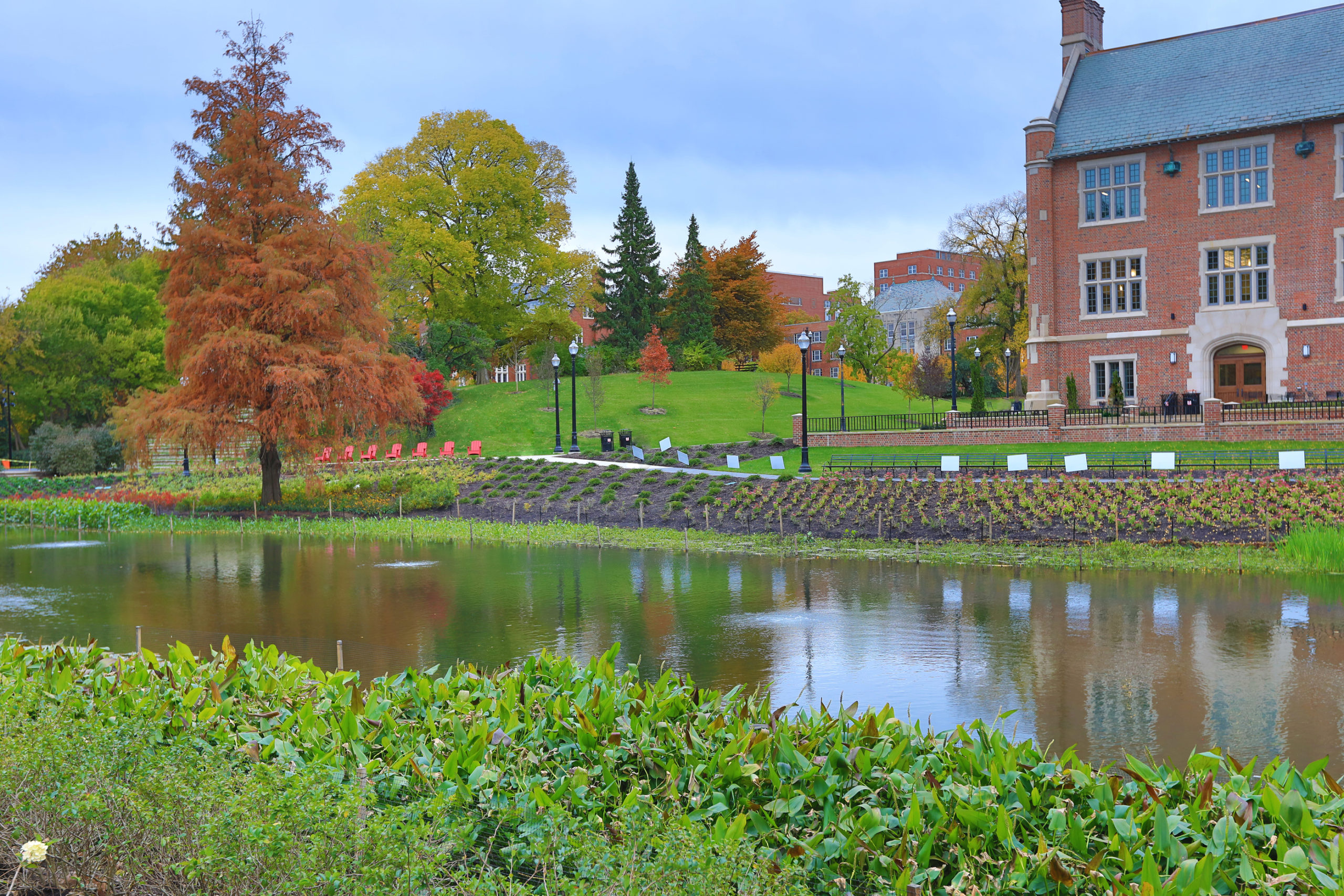 COLUMBUS, OHIO / UNITED STATES - NOVEMBER 11,2018:  The renovation of the historic Mirror Lake District at The Ohio State University was completed in August 2018.  This is an iconic campus landmark .
